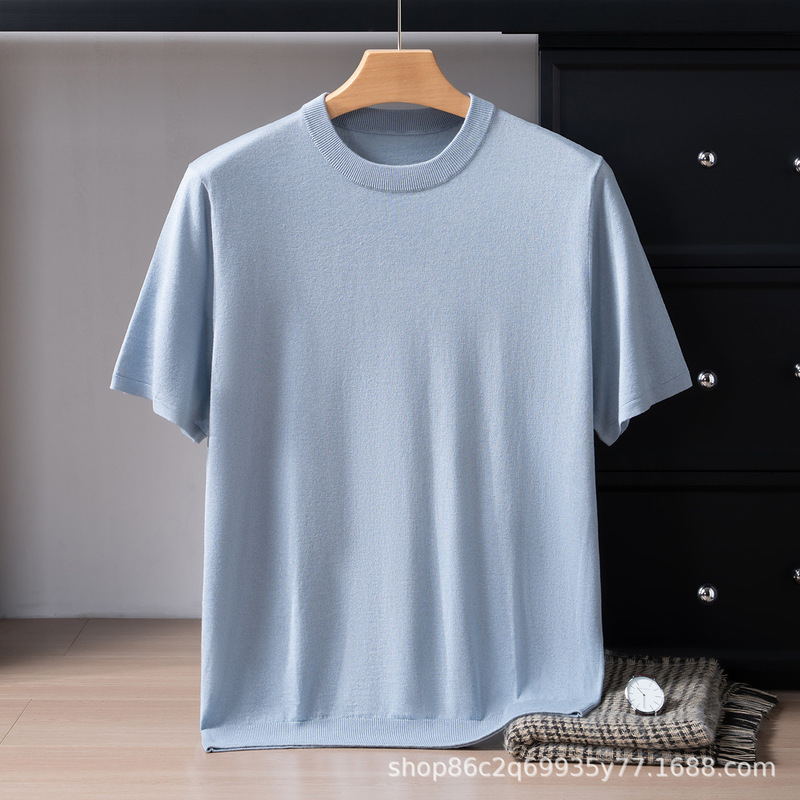 Spring and Summer New Style 85% Mulberry Silk 15% Cashmere Round Neck Plain Short-Sleeved Pullover Solid Color Men's Simple Knitwear Spring and Summer New Style 85% Mulberry Silk 15% Cashmere Round Neck Plain Short-Sleeved Pullover Solid Color Men's Simple Knitwear