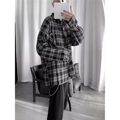 2025 Spring and Autumn Literary Retro Long-Sleeve Shirt for Men, Trendy Loose Hong Kong Style, Cool and Casual Check Shirt Jacket