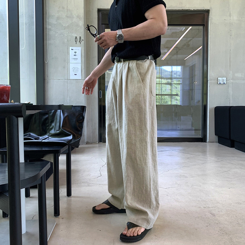 Asclo&Qiao Cotton and Linen Lazy Floor-Length Pants Korean Style Loose Versatile Straight Casual Pants Simple Retro Thin Pants