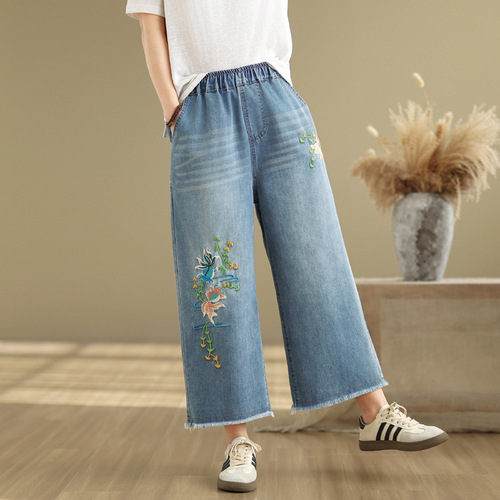 Korean-style wide-leg jeans for women, embroidered elastic waist straight-leg slimming loose pants for plus-size mm, trendy