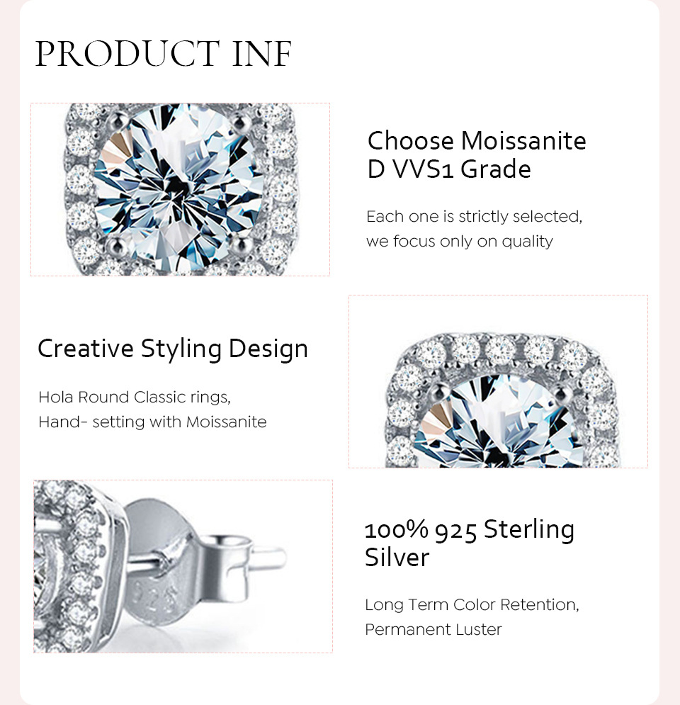 Ear Studs Classification 1 Pair Quantity 1 Pair Sterling Silver Moissanite Square Ear Studs