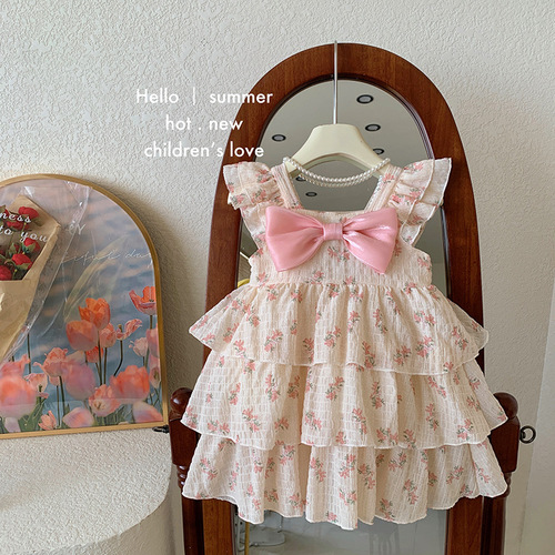 Korean children's clothing girls floral suspender skirt 2024 new summer style cake skirt children's small fresh dress