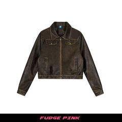 Fudge Pink 25秋季新品美式复古辣妹短款皮衣夹克外套