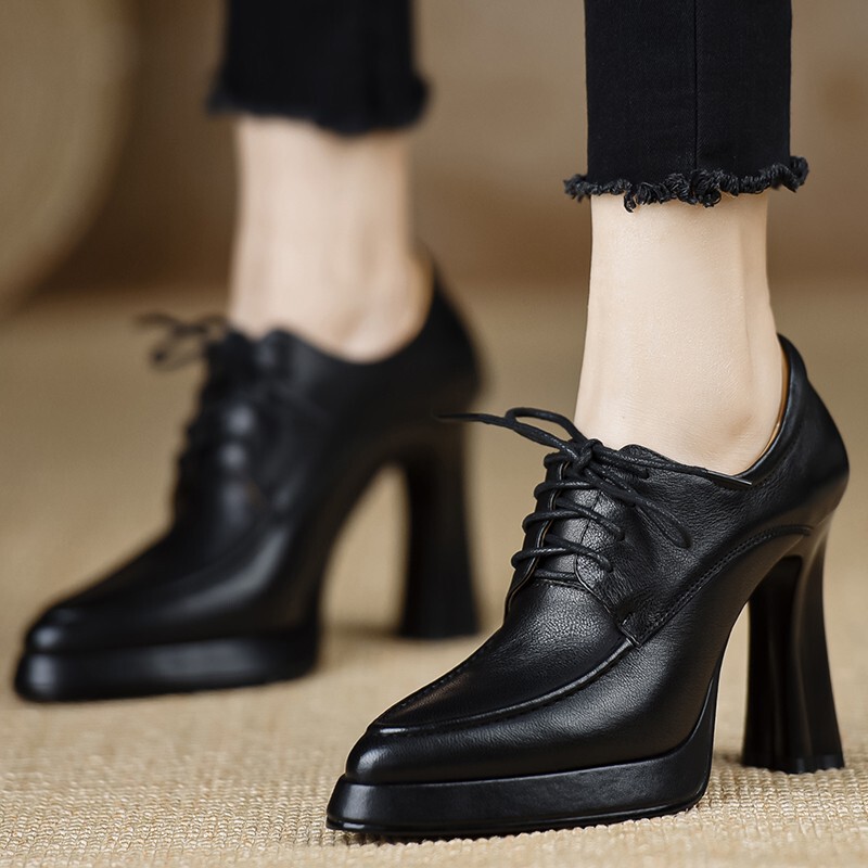 Women's Square Head Platform Thick-soled Single-layer Shoes Not Tired Feet Leather High Heels Women's Thick Heel Shoes Lace-up Leather Shoes