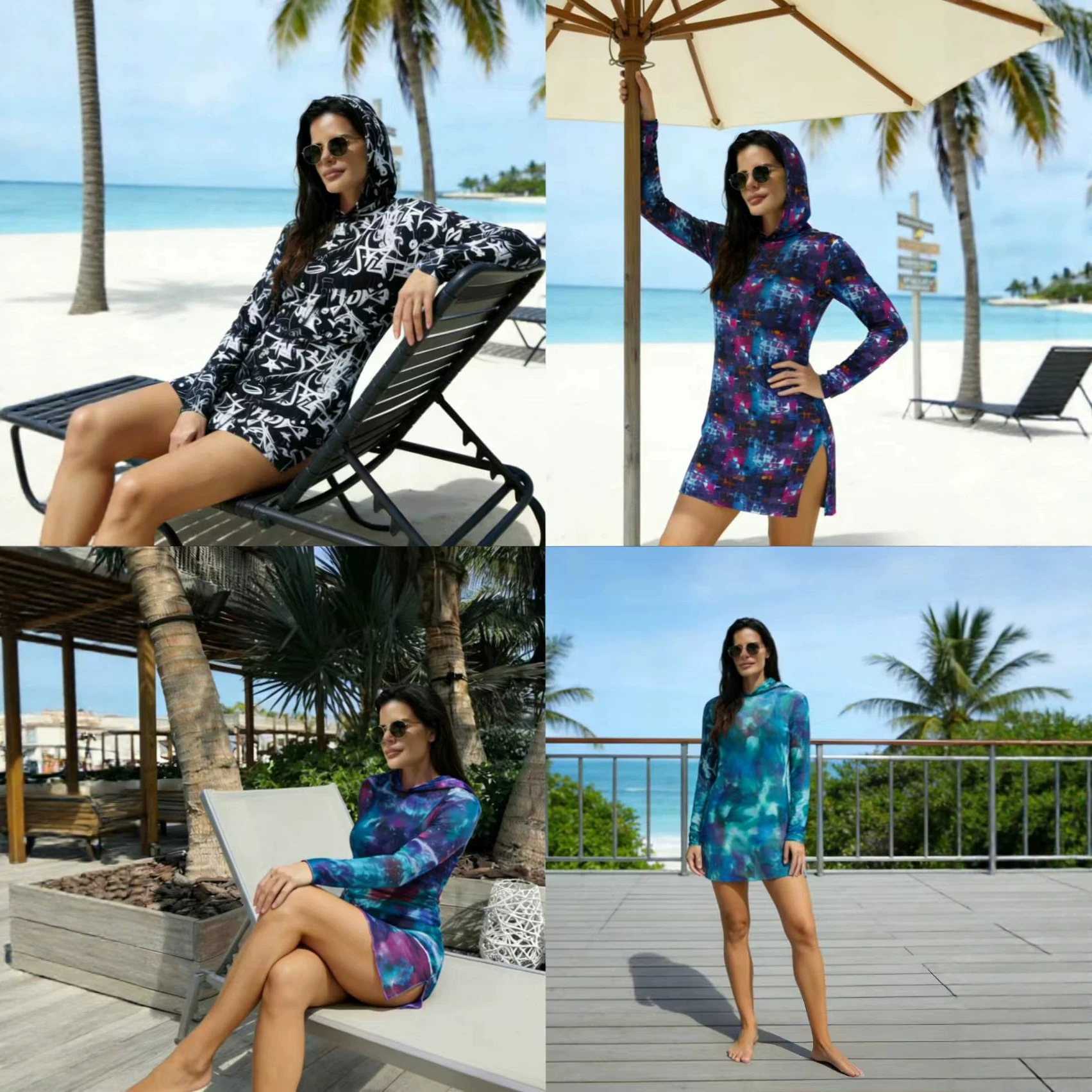 Amazon's Best-Selling Sexy Mesh See-Through Printed Hooded Dress European and American Style Slim-Fitting Sun Protection Cover-Up