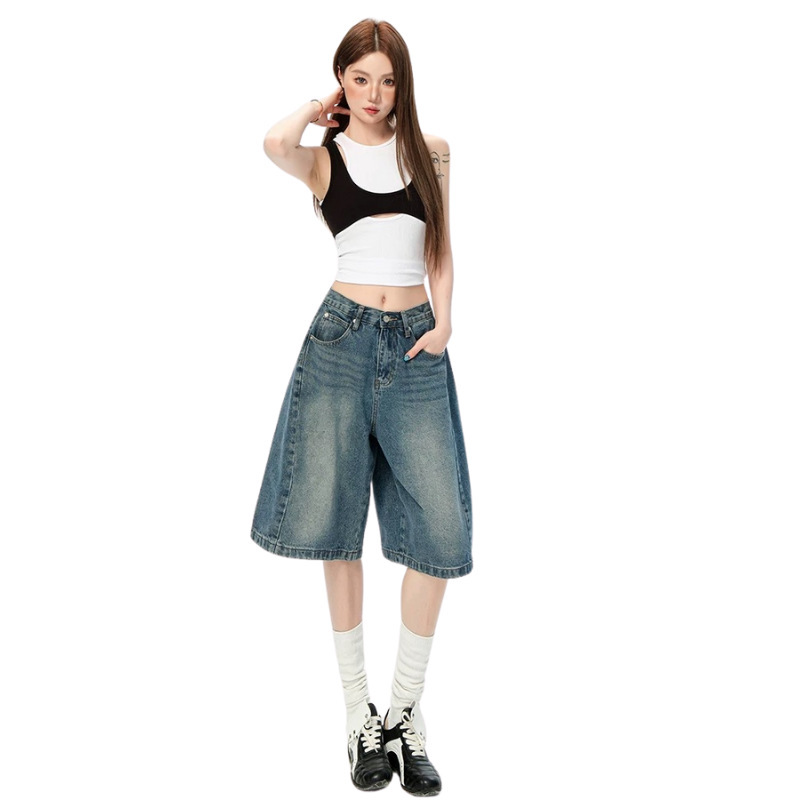 Denim Factory Custom Oem/Odm Gold Denim Shorts Summer American Retro Casual Loose Wide-Leg Mid-Length Shorts Denim Factory Custom Oem/Odm Gold Denim Shorts Summer American Retro Casual Loose Wide-Leg Mid-Length Shorts