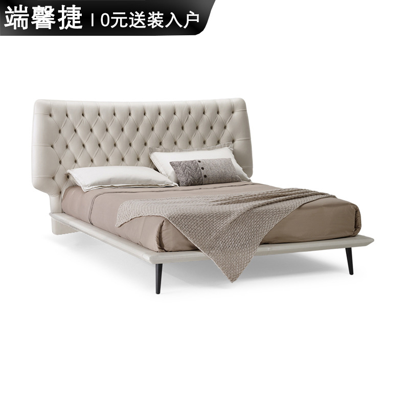 高定系列/意大利真皮床1.8米双人极简别墅大平层拉扣床设计床大床