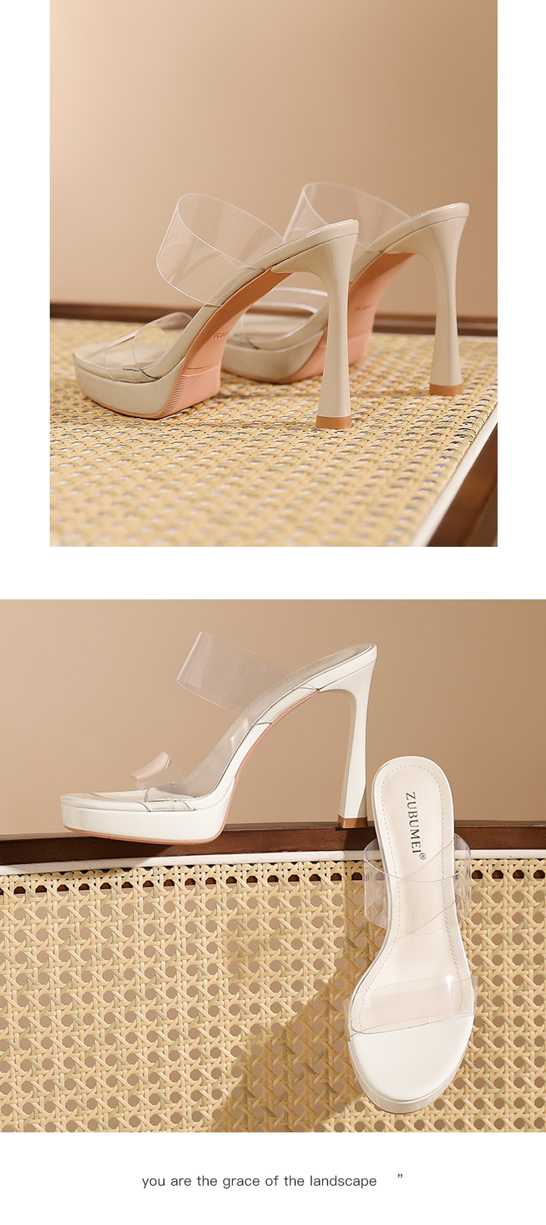 Sandal cao gót nữ quai một dây trong suốt, mũi hở, gót nhọn 9 cm, đế platform — Da-9cm chi tiết 8