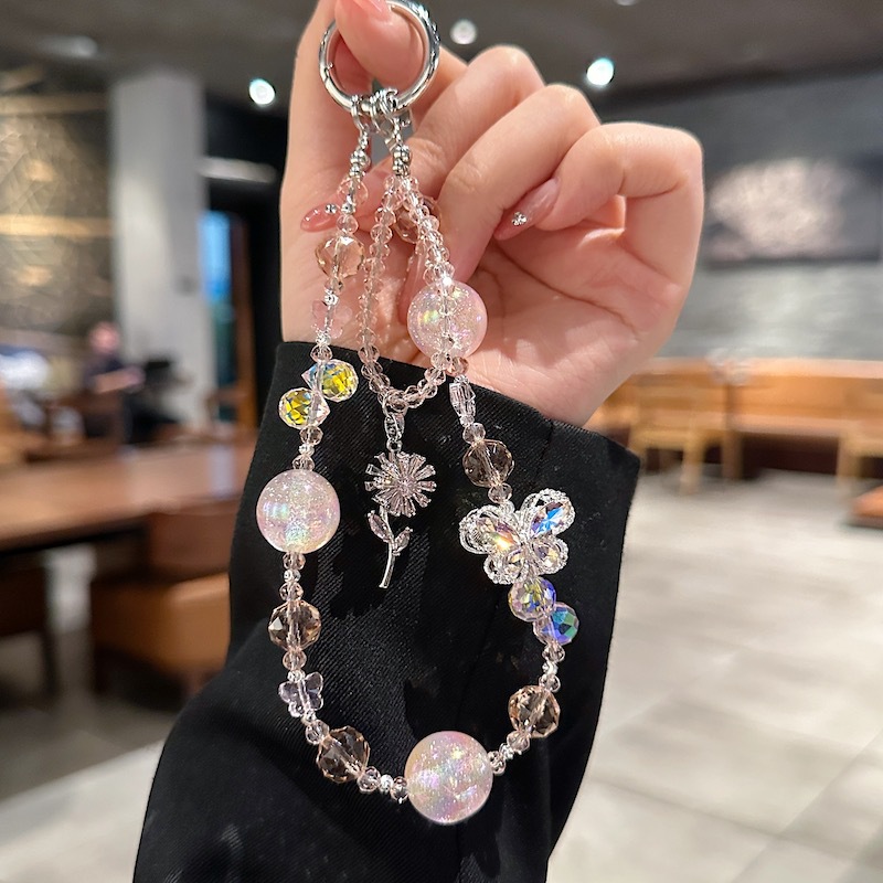 Boutique hecho a mano de alta gama teléfono móvil cadena colgante mariposa cuentas de vidrio cadena larga cordón de teléfono móvil de moda colgante de mensajero largo