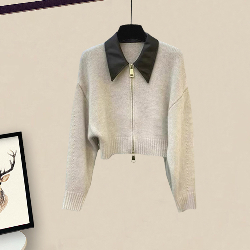 가을 세트 여성의 2023 새로운 플러스 사이즈 여성 칼라 지퍼 니트 카디건 하이 웨이스트 스커트 투피스 세트