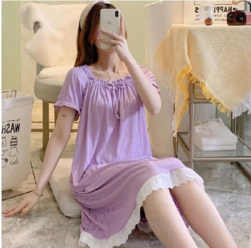 Verano dulce viento pastoral pequeña flor de mangas cortas vestido de pijama de encaje de mujer larga ropa de casa de niñas se puede usar
