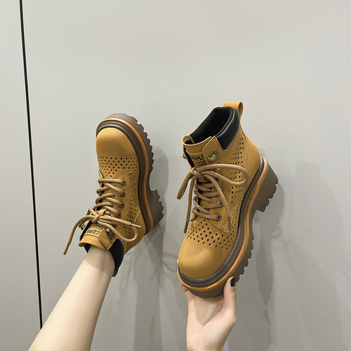 Hollow Rhubarb Boots Women's  Summer Breathable Sandals Genuine Leather Perforated Martin Boots Inner Height Casual Women's Short Boots