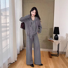 【原创设计】新品针织裤子两件套装跨境女装宽松外套秋冬毛衣开衫