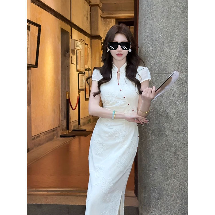 Lingqian Yunxiao 新しい中国風改良チャイナドレス女性の夏のニットジャカードチャイナドレスの首元がとても美しいドレス|undefined
