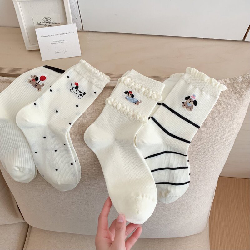 Women's Socks Spring and Summer New Style High-Value Seamless Embroidered Dachshund Trendy Breathable Casual Black and White Women's Socks