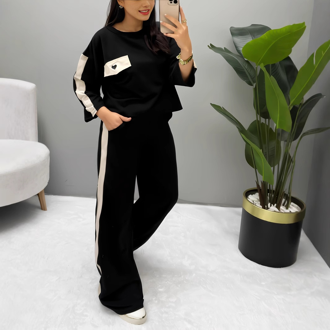 Women's Casual Short Sleeve Top With Color Blocking And Straight Leg Pants Two-Piece Lounge Set Versatile For Multiple Occasions_ecoleips.com