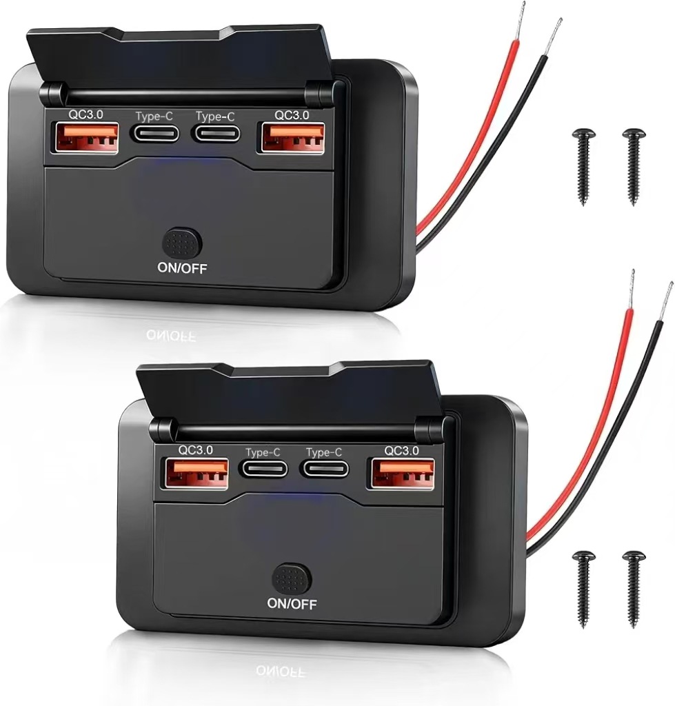 Rv Bus Car Charger Modified to 4-Port Charger, No-Drill Flip Cover with Switch, 12V Modified Pd Car Charger