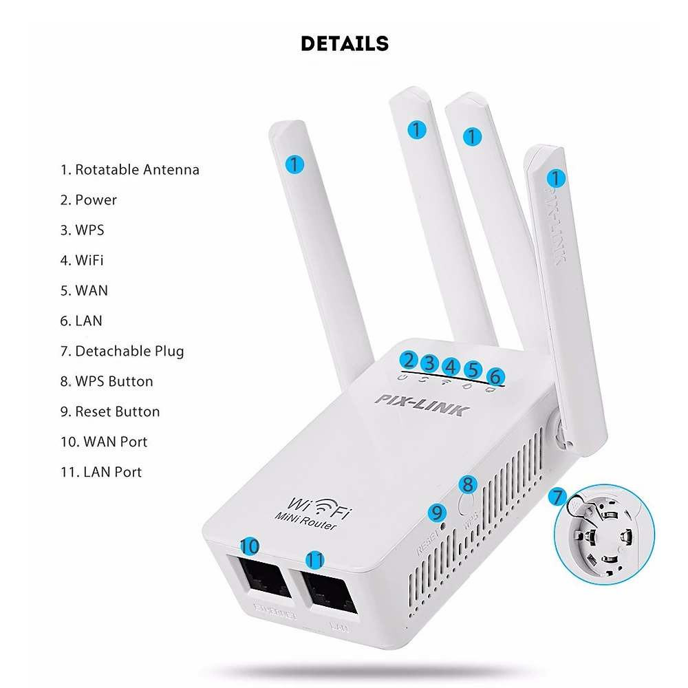 WiFi-репитер PIX-LINK WR09, 300 Мбит/с, 4 внешние антенны, двухдиапазонный усилитель