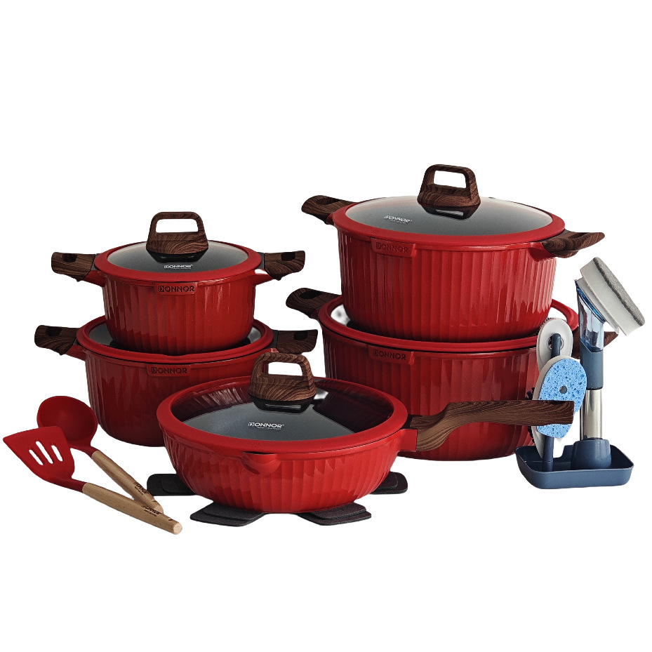DONNOR奥雅竖条纹21件套竖纹不粘压铸铝炊具套装汤锅煎盘大理石