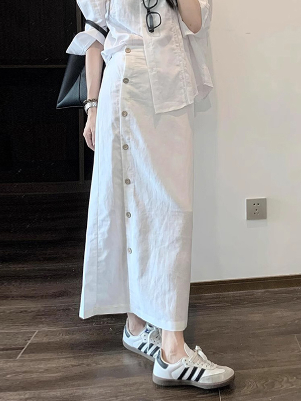 白色排扣半身裙女2025夏季新款小个子高腰显瘦一片式直筒中长裙子|undefined