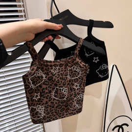 女童甜辣风豹纹印花小背心宝宝烫钻短款修身洋气儿童露背吊带上衣