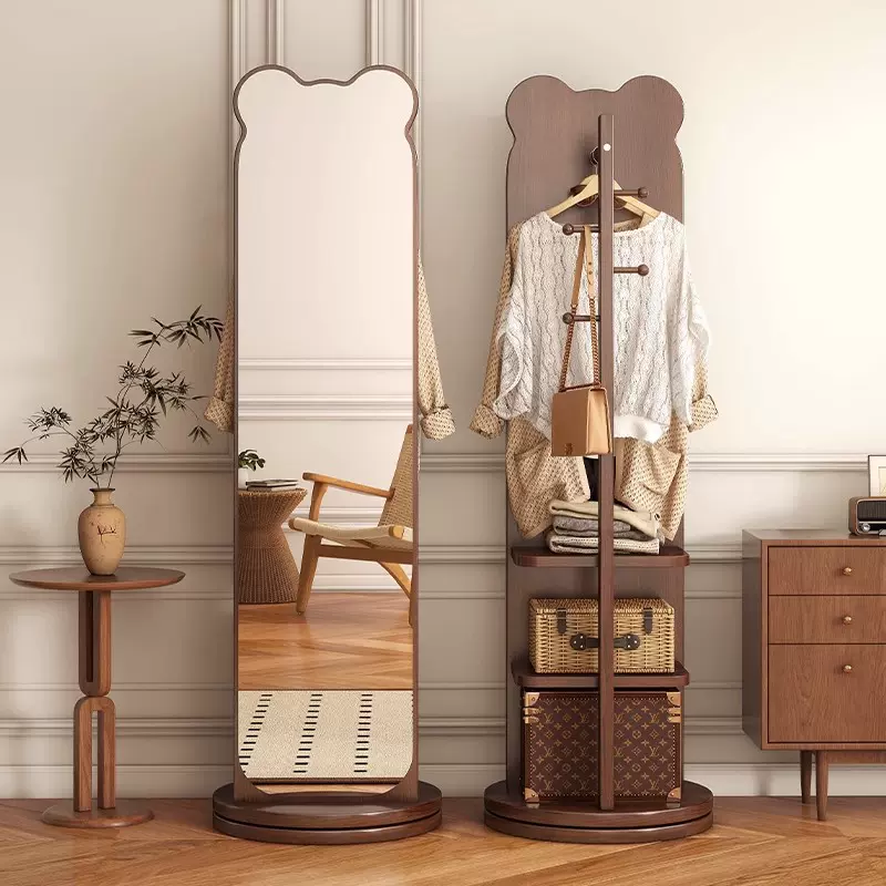 小熊全身镜可移动落地镜家用穿衣镜木质旋转挂衣帽架一体穿衣镜