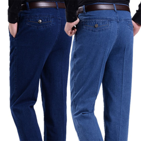 Jeans men's spring and summer high waist straight tube loose elastic autumn middle-aged loose high waist men's jeans wholesale