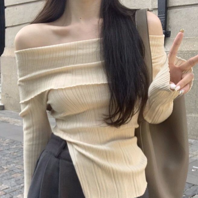 Ins Sexy Hot Girl Off-Shoulder Autumn and Winter Base Layer Women's T-Shirt Korean Style Slim Fit Pure Desire Base Layer Top Women's T-Shirt Trendy Ins Sexy Hot Girl Off-Shoulder Autumn and Winter Base Layer Women's T-Shirt Korean Style Slim Fit Pure Desire Base Layer Top Women's T-Shirt Trendy