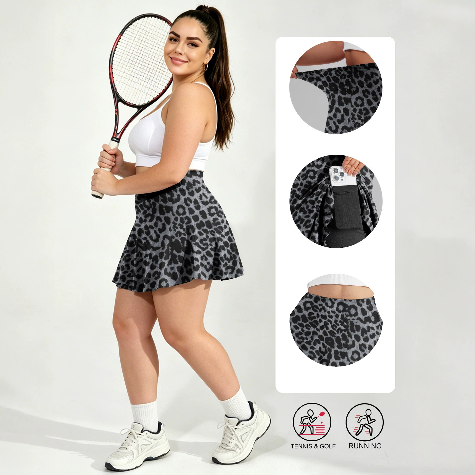 European and American women's leopard print short skirt, milk silk pocket casual volleyball golf tennis fitness sports skirt pants