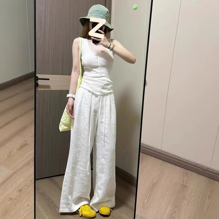 Long White Cotton Linen Wide Leg Pants Women's 2025 Summer Thin High Waist Cotton Linen Loose Straight Linen Casual Pants Long White Cotton Linen Wide Leg Pants Women's 2025 Summer Thin High Waist Cotton Linen Loose Straight Linen Casual Pants