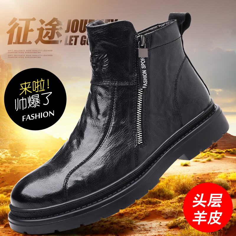 Primera capa de piel de oveja de los hombres Martin botas de cuero de alta overoles botas slip-on forrado de lana caliente de la motocicleta botas de cuero zapatos de los hombres de moda