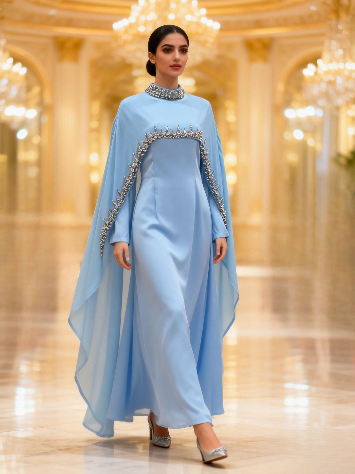 In-stock High-end Light Blue Diamond-embellished Cape Middle Eastern Dress Muslim Luxury Banquet Gown Arabian Robe_ecoleips.com