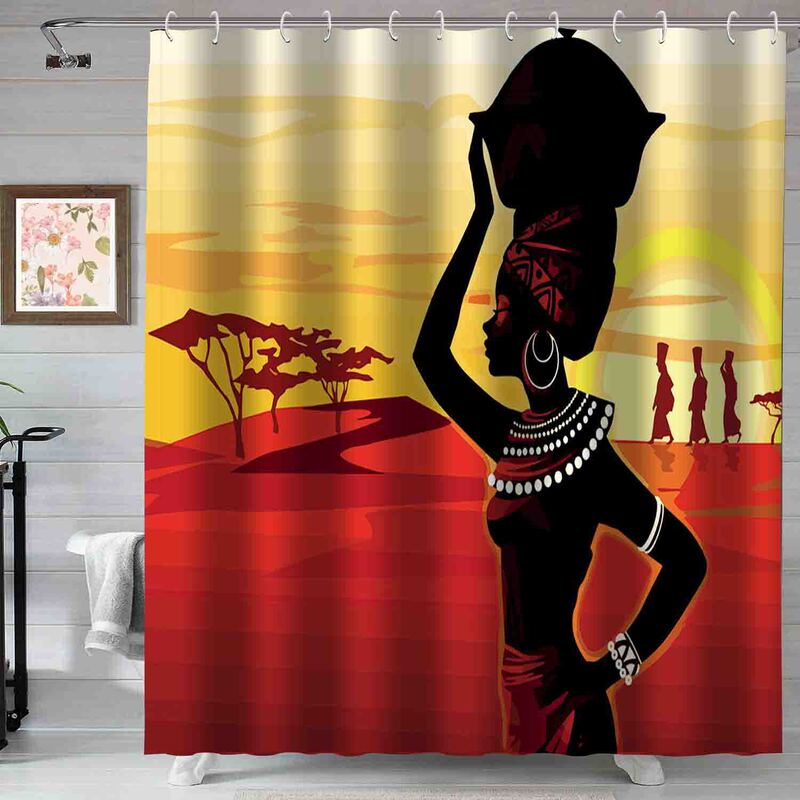 Amazon African Woman Print Polyester Bathroom Shower Curtain Digital Print Shower Curtain No-Drill Bathroom Curtain