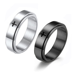 燦鼎跨境歐美十字不鏽鋼情侶戒指鈦鋼可轉動簡約指環廠家批發
