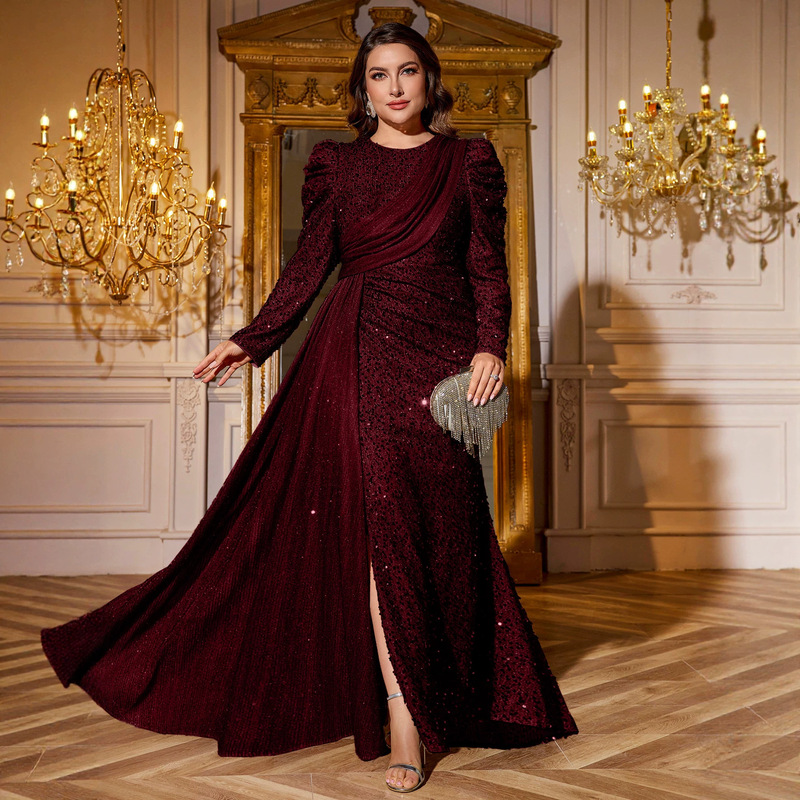 Amazon cross-border plus-size women's elegant round-neck sequin-decorated ruched slit evening party dress