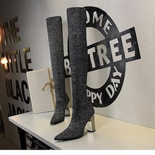 外贸欧美大码袜靴简约粗跟高跟尖头性感夜店显瘦毛线过膝长靴42码
