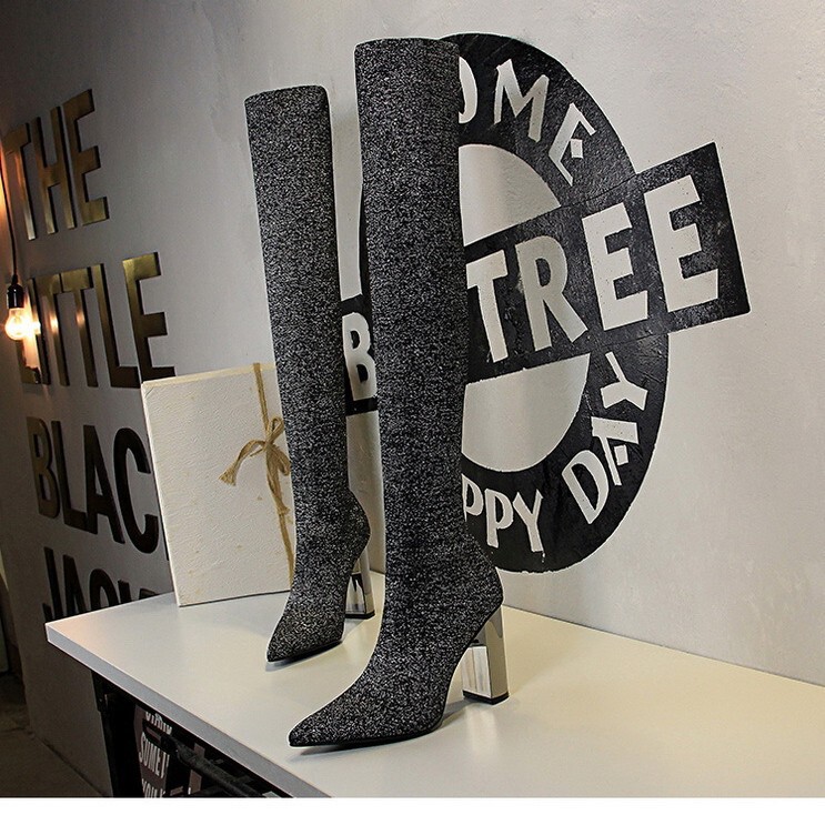 Foreign Trade European and American Large Size Sock Boots Simple Thick Heel High Heel Pointed Toe Sexy Nightclub Slim Woolen Over-The-Knee Boots Size 42 Foreign Trade European and American Large Size Sock Boots Simple Thick Heel High Heel Pointed Toe Sexy Nightclub Slim Woolen Over-The-Knee Boots Size 42