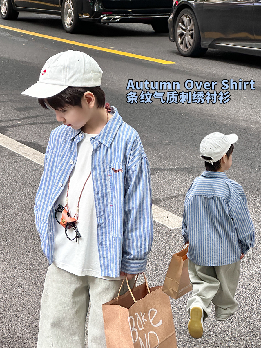 aimo beibei children‘s shirt 2024 autumn boy handsome vertical stripes embroidered lapel top medium and large children‘s shirts tide