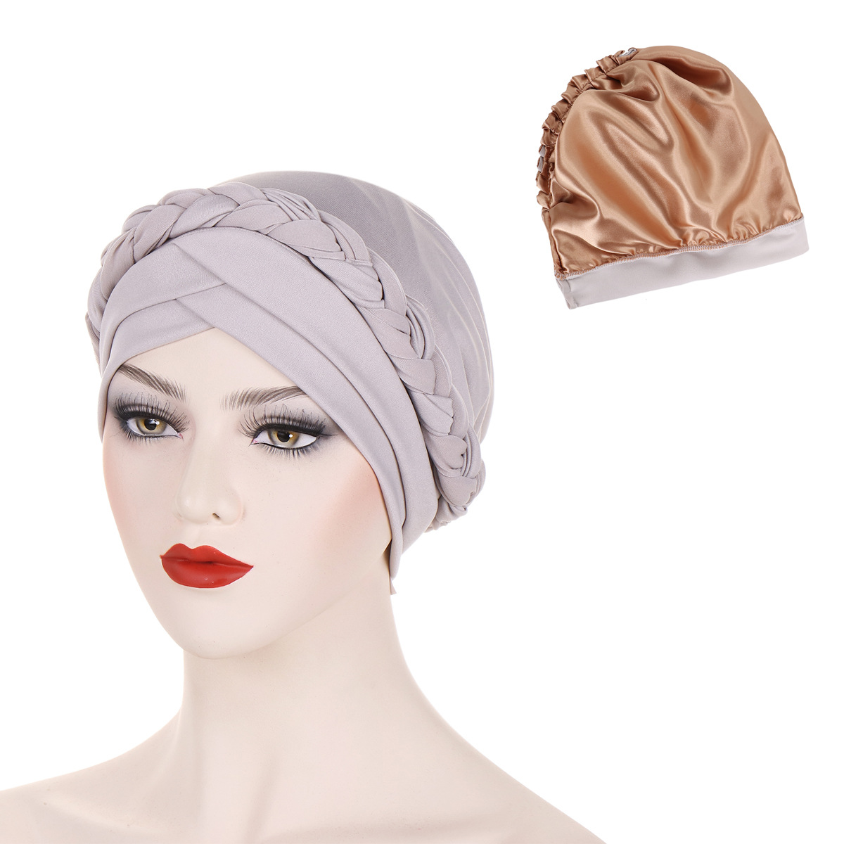 women's forehead double cross solid color satin lined braided turban hat Muslim pullover hat in stock_voghion.com