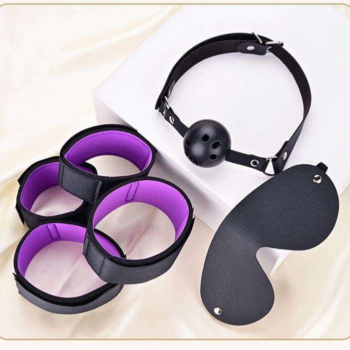 Purple Bondage Set with Handcuffs, Nipple Clamps, Ball Gag, Blindfold and Whip — detail image 1