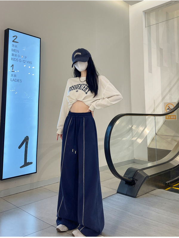 美式慵懒风撞色运动卫裤女春秋新款高腰显瘦阔腿裤宽松直筒休闲裤|undefined