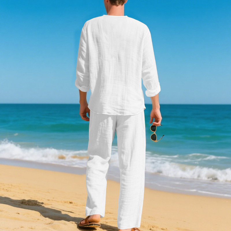 Herren Leinenanzug Für Den Herbst Casual Beach V-ausschnitt Set_voghion.com