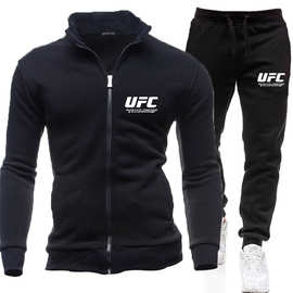 跨境新款青少年长袖UFC运动休闲套装修身拉链立领纯色卫衣