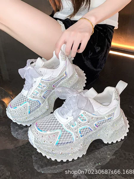 Rhinestone Mesh Lace-Up Platform Thick-Soled Dad Shoes for Women with Baby's Breath, Height-Increasing Casual Sneakers Trendy