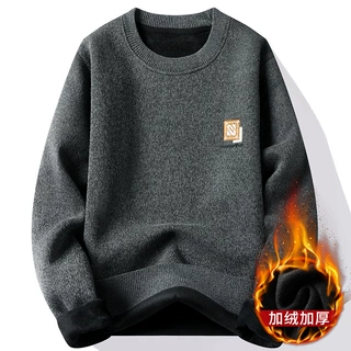 高品质代发圆领毛衣男加绒加厚一体绒卫衣秋冬季保暖毛线针织衫
