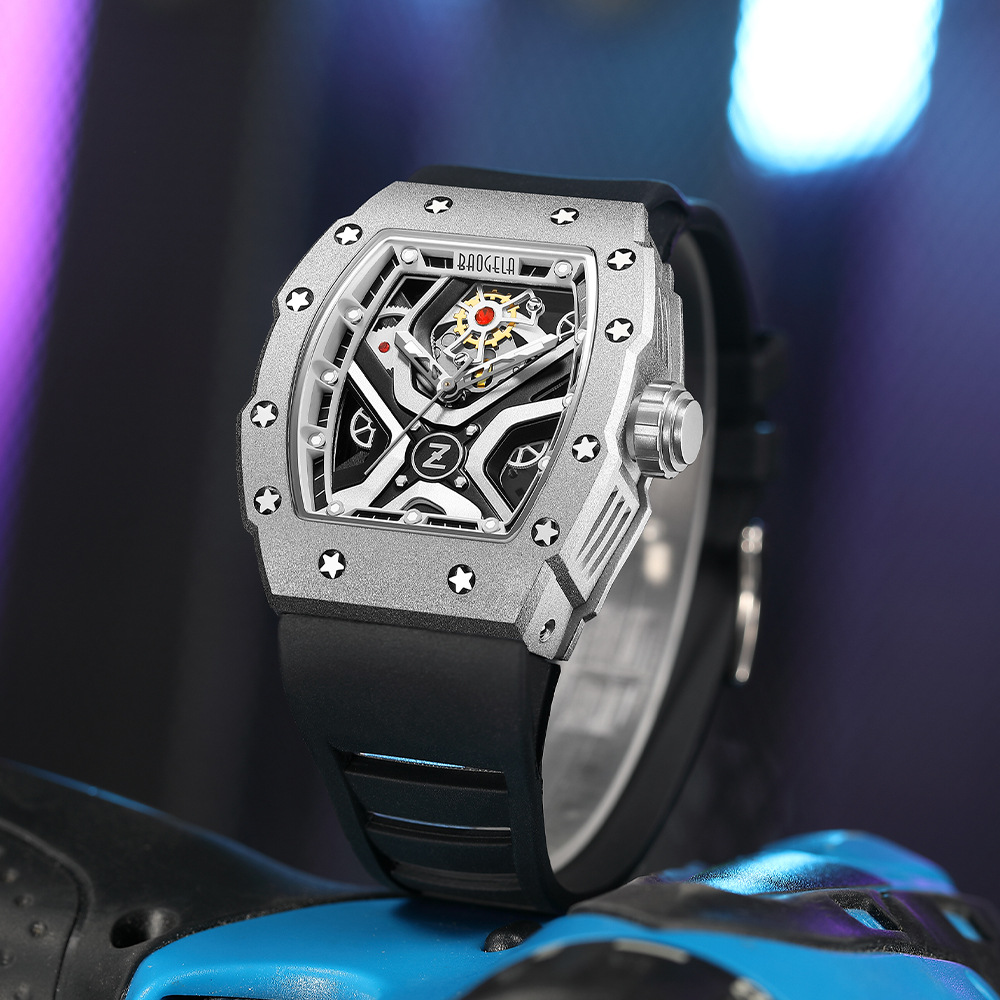 Neue BAOGELA Heißer Verkauf Wein Eimer Uhr männer Silikon Nacht Leuchten Hohl Oberfläche Präzision Stahl Motorrad Stil Sport herren Uhr_voghion.com