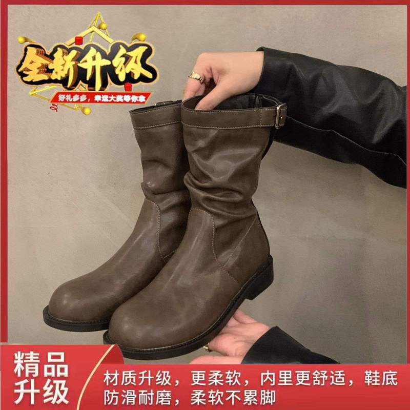 韩系粗跟小短靴女2025新款春秋棕色复古圆头褶皱堆堆靴中筒马丁靴|undefined