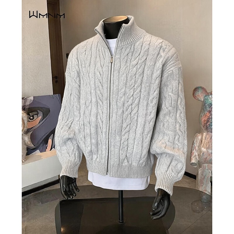 2026 Autumn/Winter Men's New Fashion Stand Collar Twisted Pattern Knit Cardigan Retro Warm Cardigan Sweater