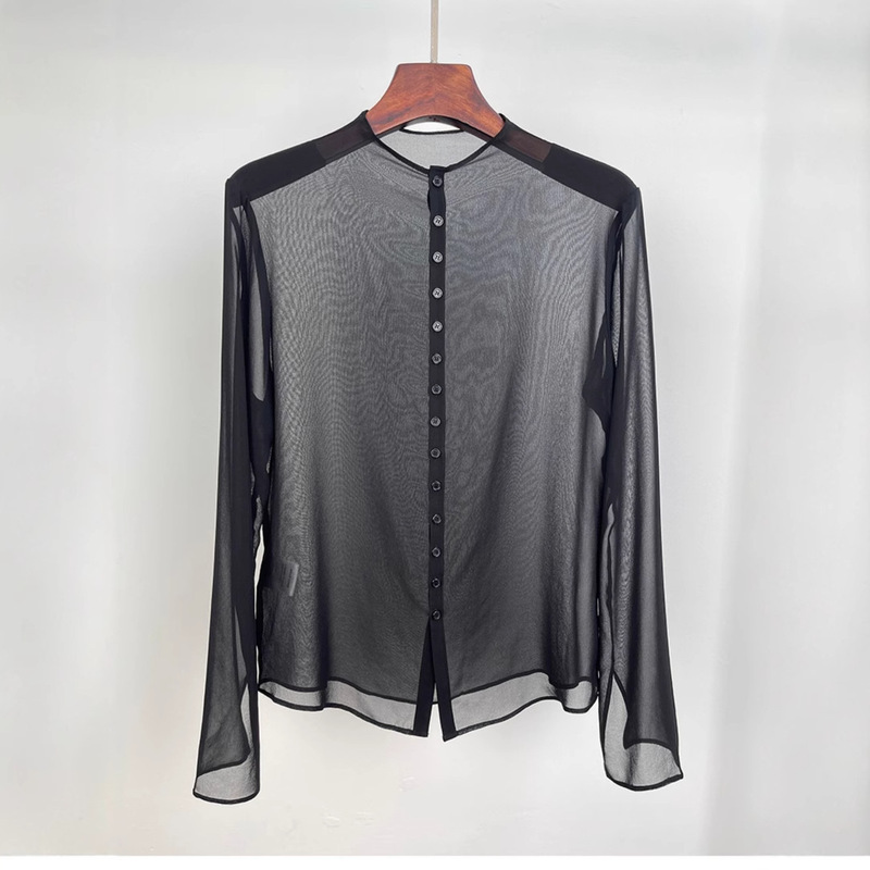 Elegant Retro Silk Silkworm Si Shirt Top Women's Summer Thin Sleeve Split Collar Georgette Sunscreen Shirt