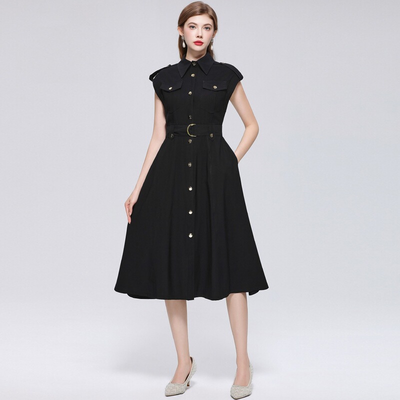 Real Shot of a French-Style Mature and Elegant Sleeveless Collared Shirt Dress for Women with Metal Buttons, Waist-Cinching, Slimming A-Line Skirt